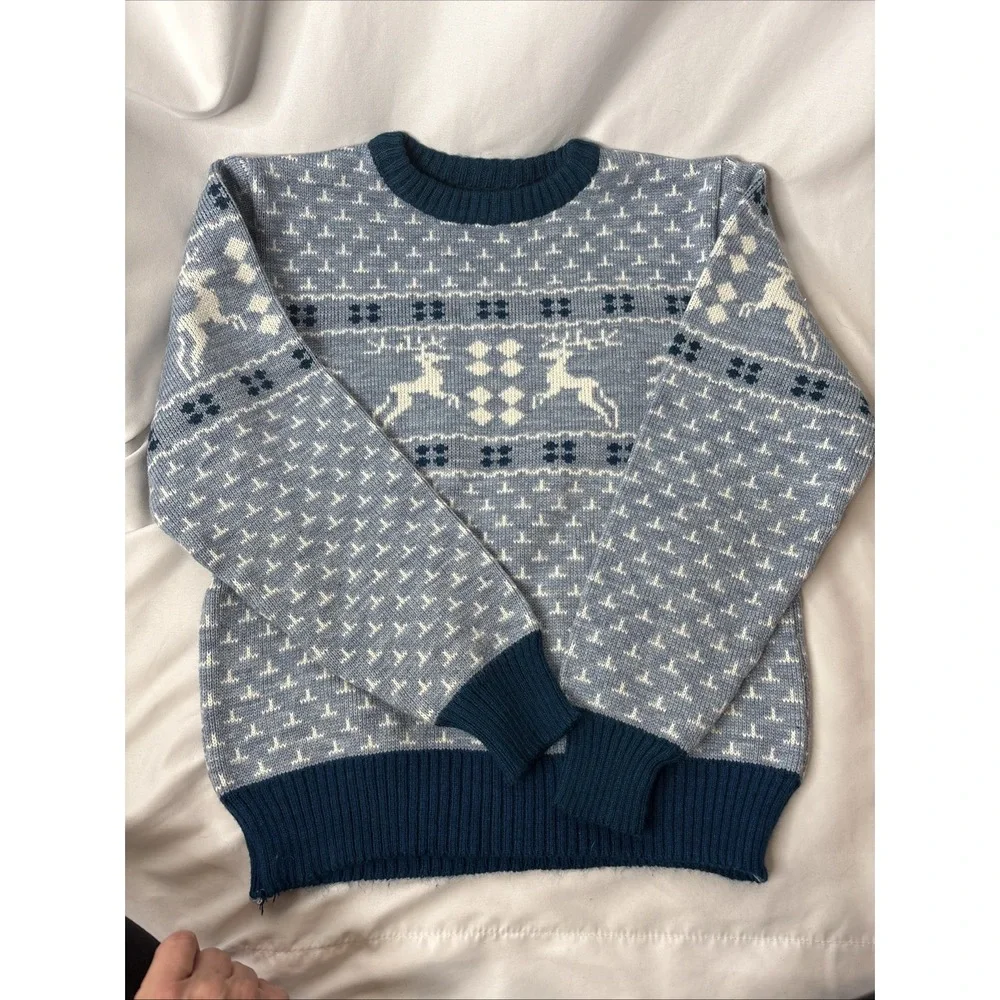 Vtg Perimeter Sweater Youth Medium 12-14‎ Reindeer Holiday Crew Neck Blue White